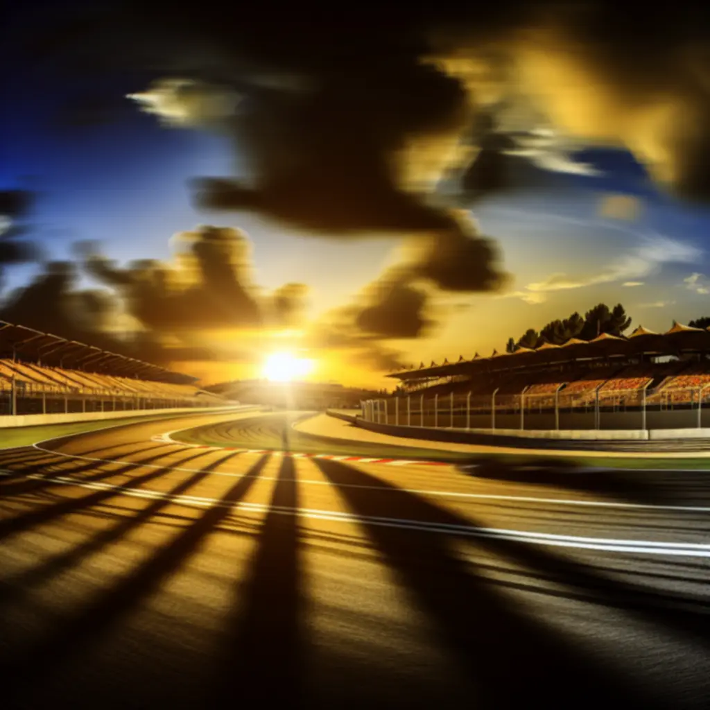 Dynamiczna panorama toru wyścigowego o zachodzie słońca