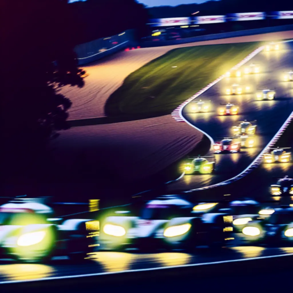 Stawka aut Gr.3 ścigająca się łukiem Suzuka w wieczornym świetle