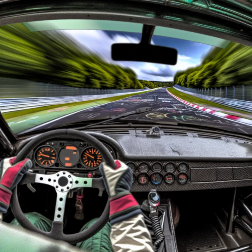 Kierowca pokonujący zakręt Karussell na Nordschleife, widok z kokpitu