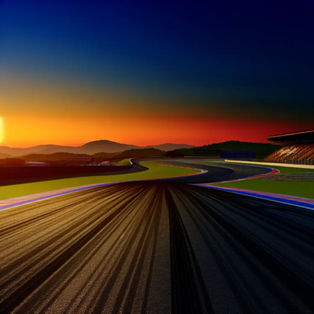 Szeroki kadr toru Suzuka o zachodzie słońca – perfekcyjna linia wyścigowa