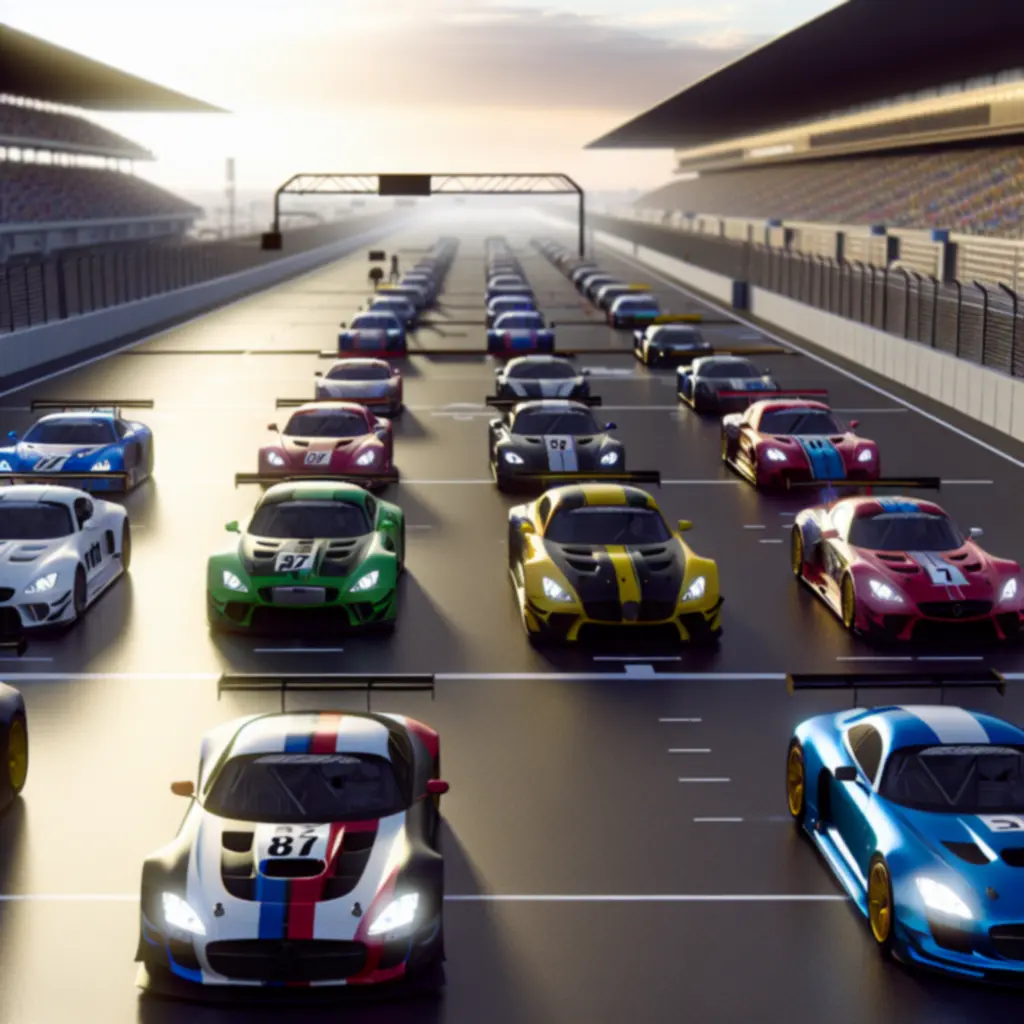 Zestawienie kilku strojonych samochodów Gran Turismo na linii startu