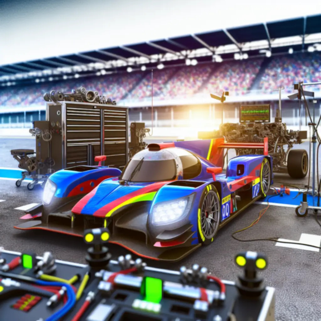 Zbliżenie na wyścigowy samochód podczas strojenia na torze